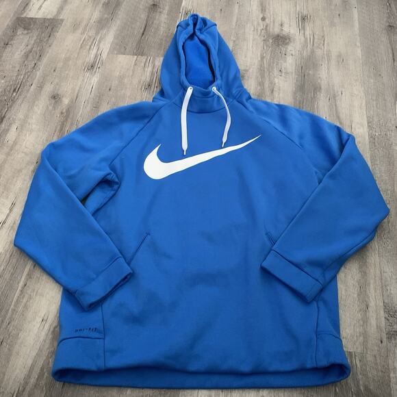 NIKE Dri Fit Hoodie Mens Large Blue White Swoosh Training Pullover 931991-403 - Picture 1 of 8